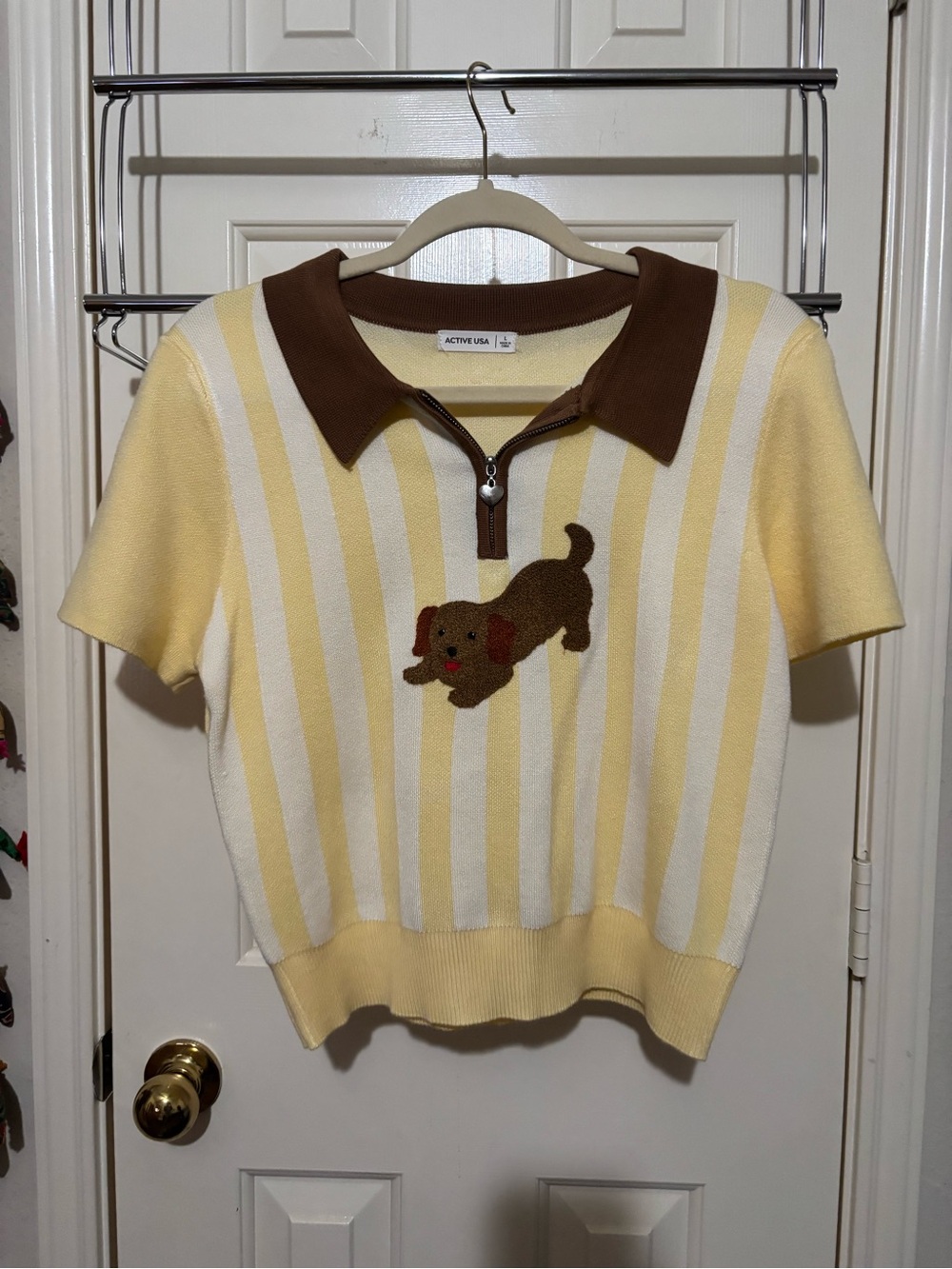 Active USA Yellow & Brown Striped Polo with Dog Applique